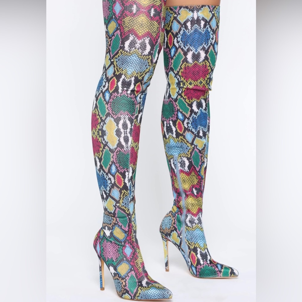 Multi Colored Snake, over the knee, stretch fabric, stiletto heel boots.